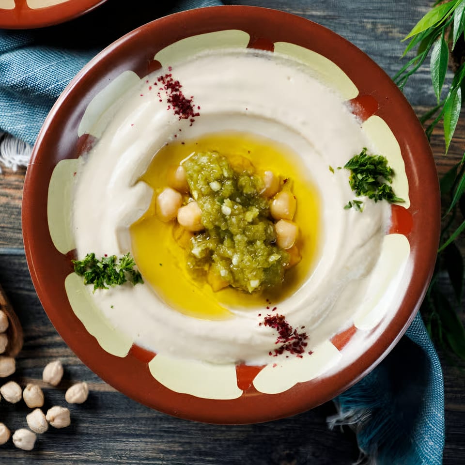 Creamy hummus with green relish, chickpeas, olive oil, and spices in a decorative bowl.
