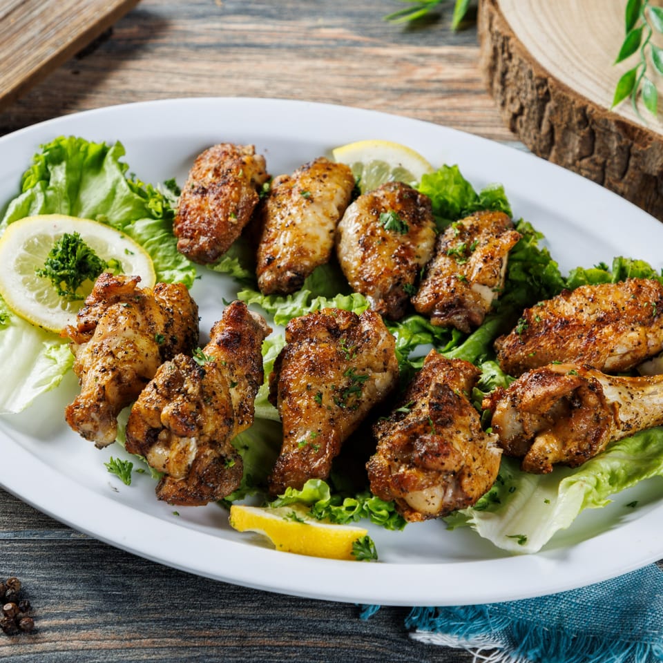 A white platter of grilled chicken wings on lettuce with lemon slices and parsley.